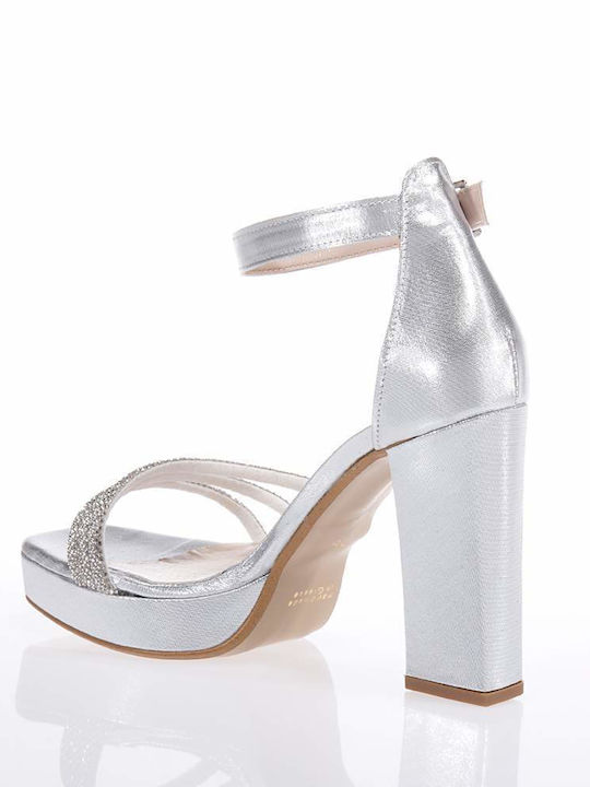 Beatris Platform Women's Sandals with Strass & Ankle Strap Silver