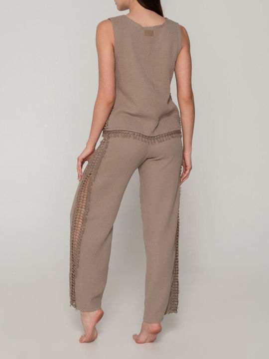 Bluza Damă Bumbac Fără Mâneci cu Decolteu în V Sandy Brown
