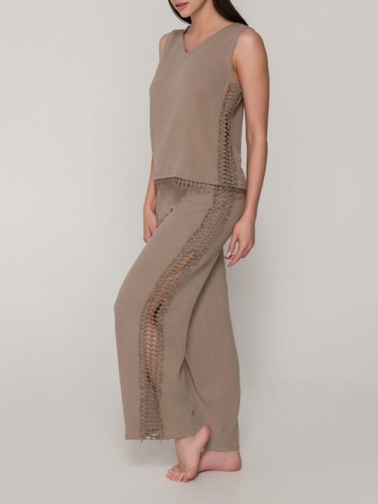 Bluza Damă Bumbac Fără Mâneci cu Decolteu în V Sandy Brown