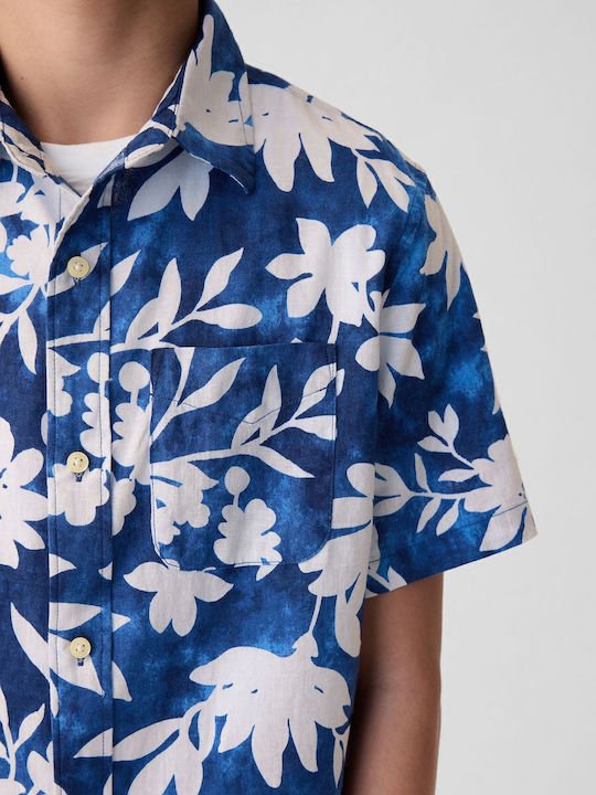 Kids Floral Shirt Short Sleeve Linen Blue