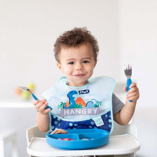 Bumkins SuperBib Dino Αδιάβροχη Σαλιάρα Πλαστική με Αυτοκόλλητο & Τσέπη Μπλε για 24 m+ 3τμχ