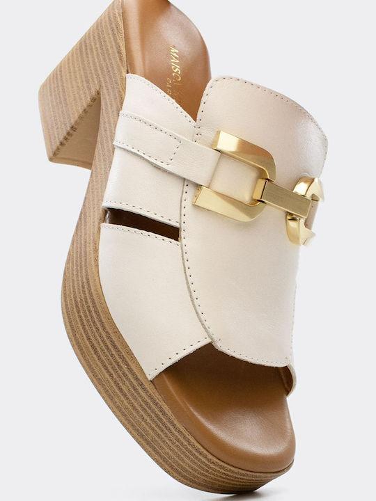 Leder Mules mit Hoch Absatz in Beige Farbe