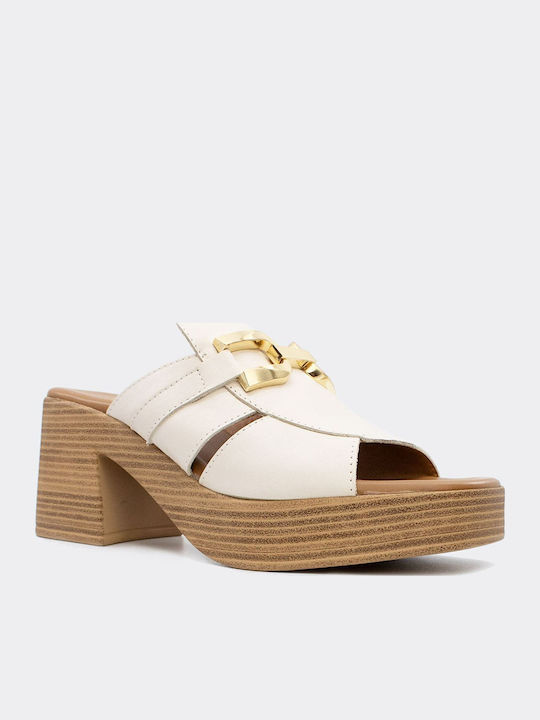 Leder Mules mit Hoch Absatz in Beige Farbe