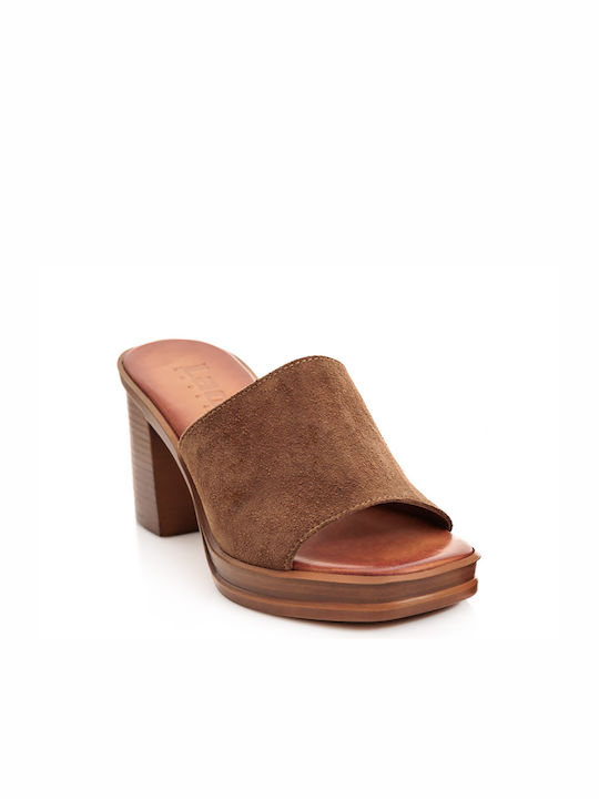 Lady Heel Leather Mules Brown