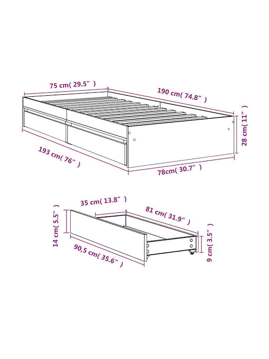 Single Wooden Black Bed Base with Slats for Mattress 75x190cm