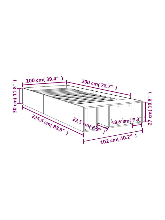 Suport Pat Single Din Lemn Gri Cu Plăci Pentru Saltea 100x200cm