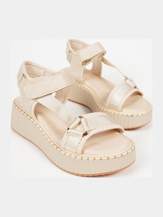 Women's Fabric Ankle Strap Platforms Beige