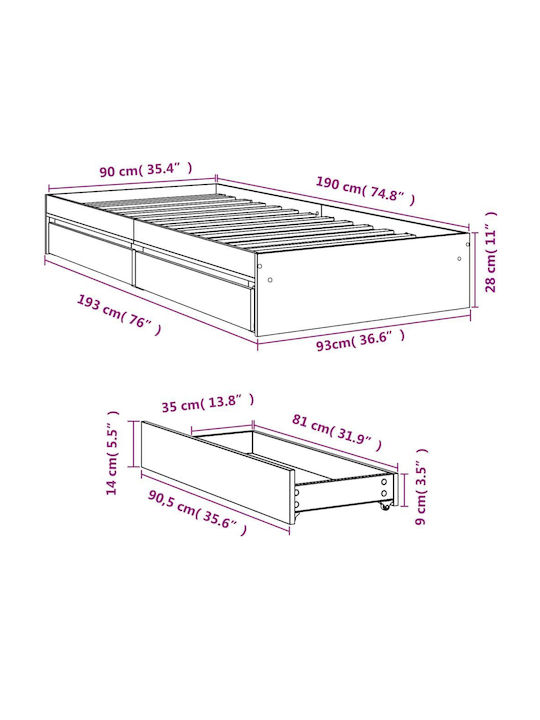 Single Wooden Brown Bed Base with Slats for Mattress 90x190cm