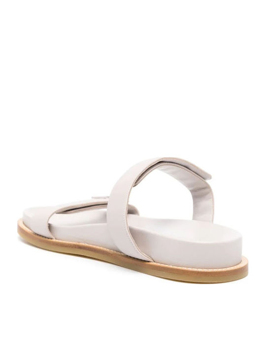 Leather Women's Flat Sandals in Beige Color