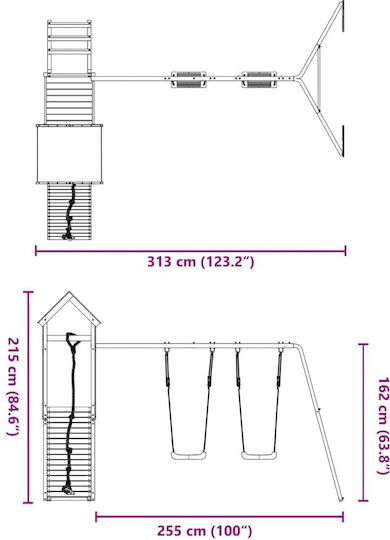 vidaXL Wooden Tower with Climbing Surface 313x248x215cm. Brown
