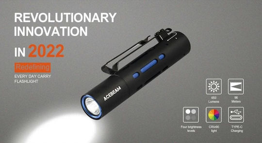 Acebeam Επαναφορτιζόμενος Φακός LED IP68 με Μέγιστη Φωτεινότητα 650lm Rider RX 7075-ALU