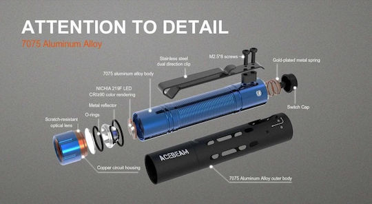 Acebeam Επαναφορτιζόμενος Φακός LED IP68 με Μέγιστη Φωτεινότητα 650lm Rider RX 7075-ALU