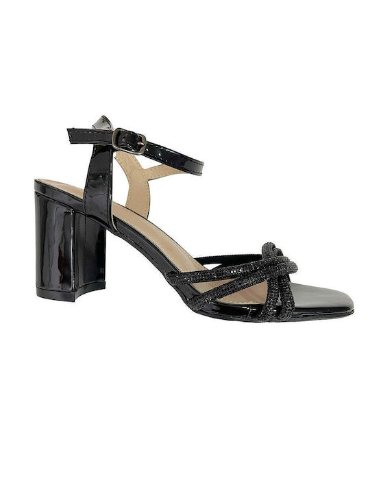 Ustyle Patent Leather Women's Sandals with Strass Black with Chunky High Heel