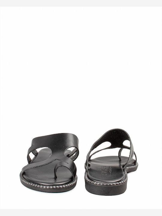 Leather Women's Flat Sandals in Black Color