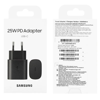 Samsung Φορτιστής Χωρίς Καλώδιο και Καλώδιο USB-C 25W Μαύρος (Original)