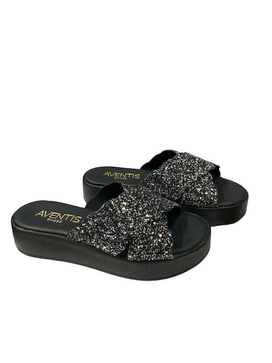 Aventis Shoes Leather Women's Flat Sandals Flatforms in Black Color