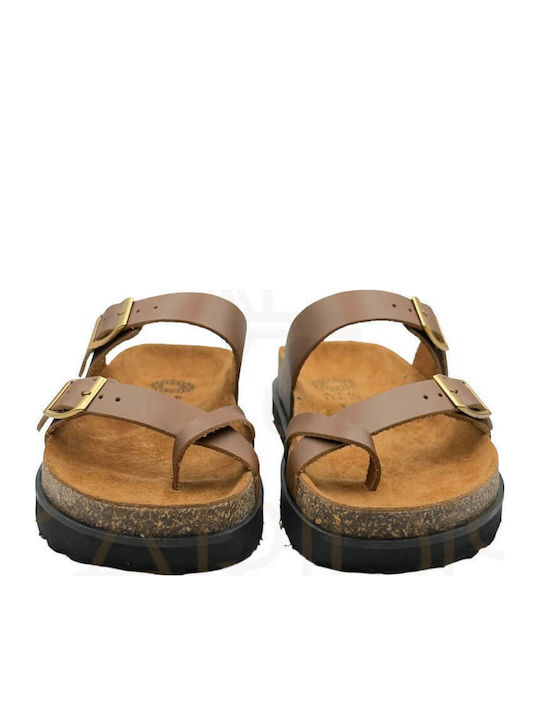 Leather Women's Flat Sandals in Tabac Brown Color