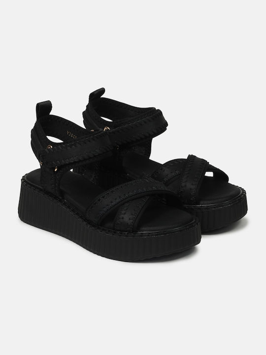 Flat Sandals with Decorative Stitches Black