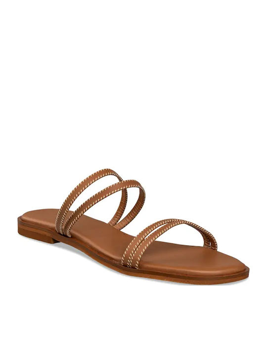 Leather Women's Flat Sandals Tabac Brown