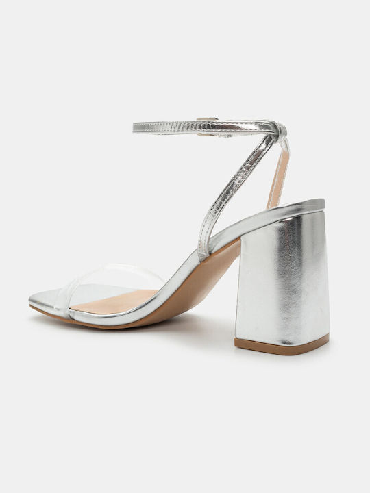 Luigi Synthetic Leather Women's Sandals Transparent with Ankle Strap Silver with High Heel