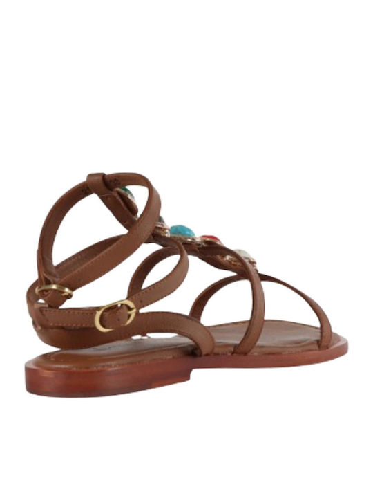 Leather Women's Flat Sandals in Brown Color