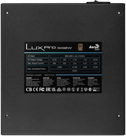 Aerocool LUXPro 650W Μαύρο Τροφοδοτικό Υπολογιστή Full Wired 80 Plus Bronze