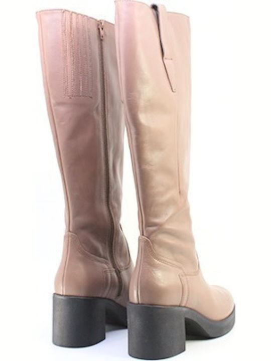 Leather Medium Heel Women's Boots Beige