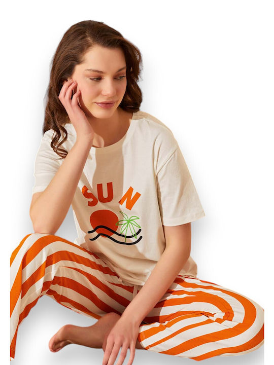 Sommer Damen Pyjama-Set Baumwolle Orange