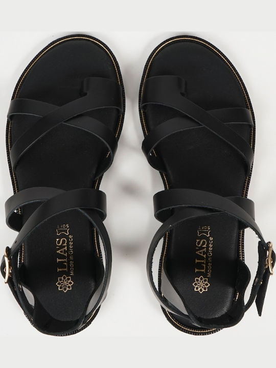 Leather Women's Flat Sandals in Black Color