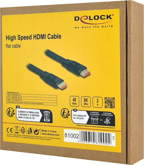 DeLock HDMI 2.1 Ultra High Speed 48Gbps 4K 120Hz HDR VRR Flat Cable HDMI male - HDMI male 2m Μαύρο