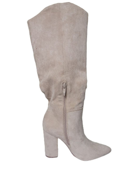 Hoher Wildlederstiefel mit Reißverschluss, beige, spitz zulaufend