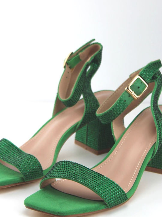 Women's Sandals with Rhinestones and Chunky Low Heel Green