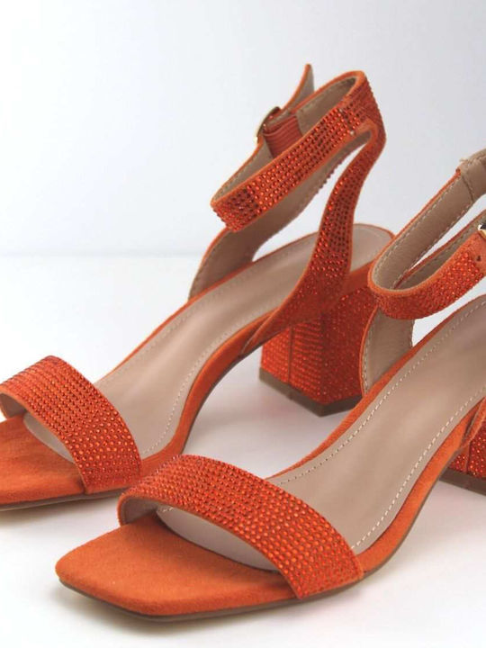 Women's Sandals with Rhinestones and Chunky Low Heel Orange