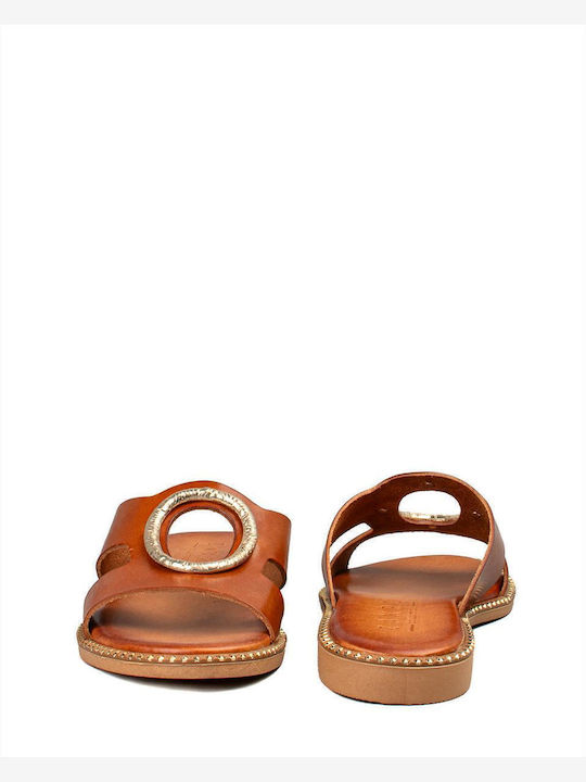 Leather Women's Flat Sandals in Tabac Brown Color