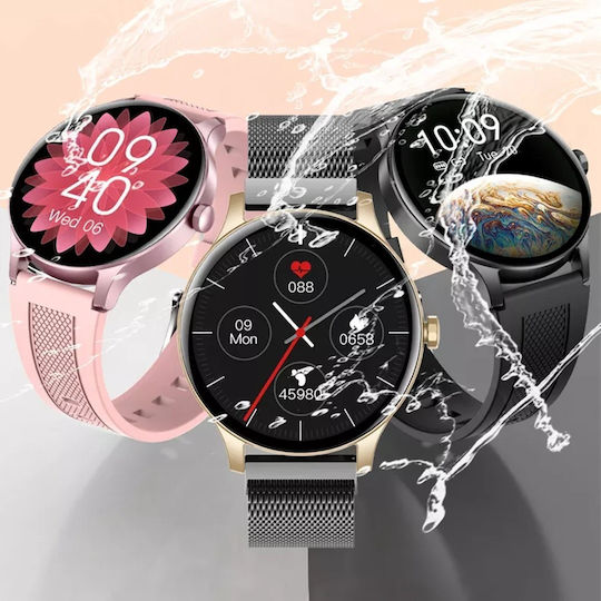 Aoke NY20 Smartwatch (Ροζ - Χρυσή κάσα / Μαύρο λουρί σιλικόνης)