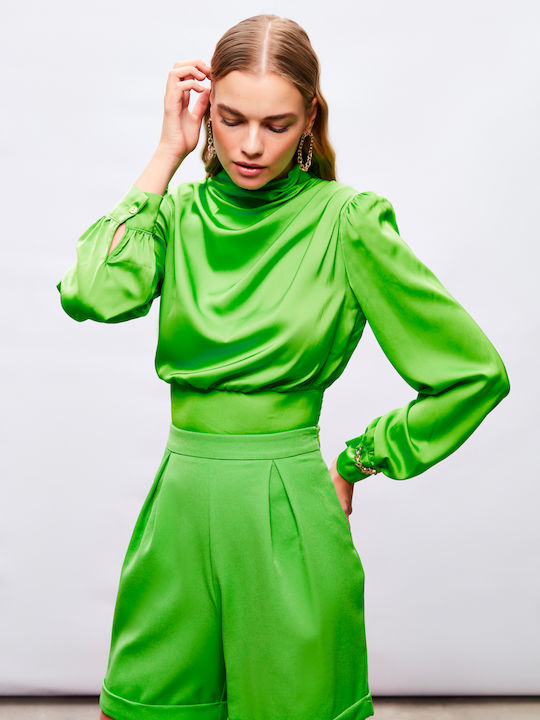 Damen Bluse Satin mit Reißverschluss Grün