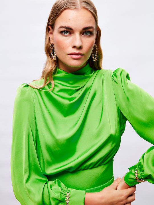 Damen Bluse Satin mit Reißverschluss Grün