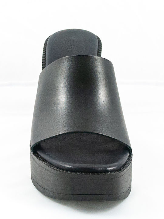 Leather Mules with High Heel in Black Color
