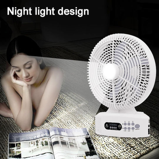 Ventilator de masă solar portabil 30cm 3 viteze Power Bank Bluetooth Speaker Radio LED Light Andowl Q-132 Alb