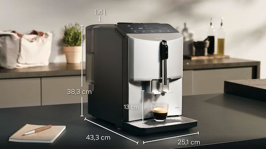 Αυτόματη Μηχανή Espresso 1300W Πίεσης 15bar για Cappuccino με Μύλο Άλεσης Ασημί TF303E01