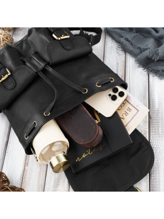 Set Leder Damentasche Rucksack Schwarz