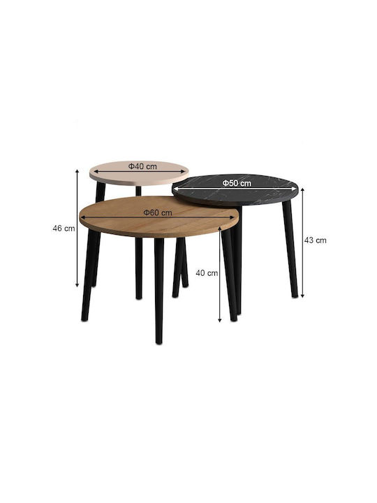 Round Coffee Table Roma Wooden Color Oak - Black 3pcs L60xW60xH46cm.
