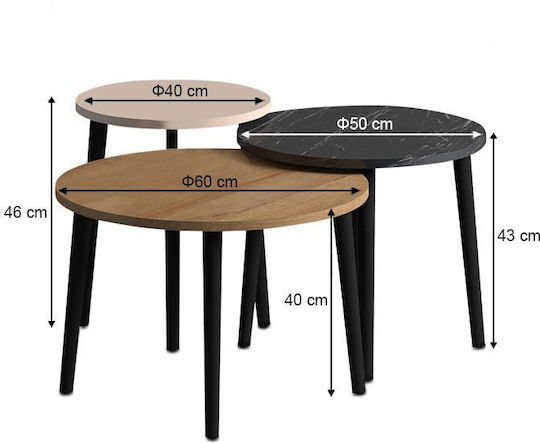 Rund Couchtisch Roma Holz Color Oak - Black 3Stück B60xT60xH46cm