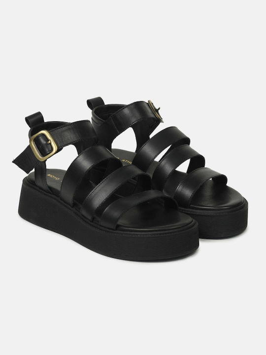 Leather Flatform Sandals Parallel Straps Black