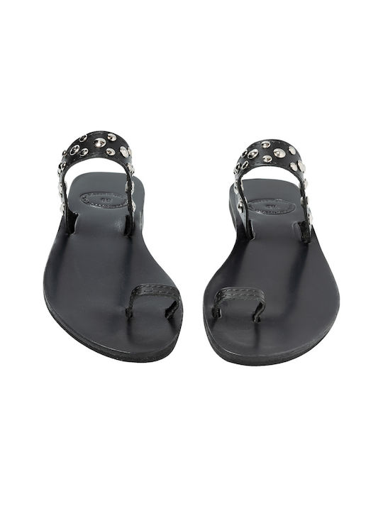 Philio Leather Women's Flat Sandals in Black Color