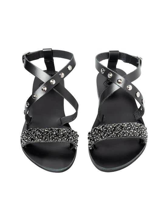 Philio Leather Women's Flat Sandals in Black Color