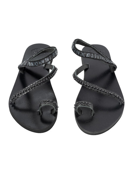 Philio Leather Women's Flat Sandals in Black Color