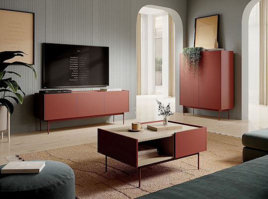 Stand TV Culoare Ceramic Roșu + Natural L144xA55xÎ37cm