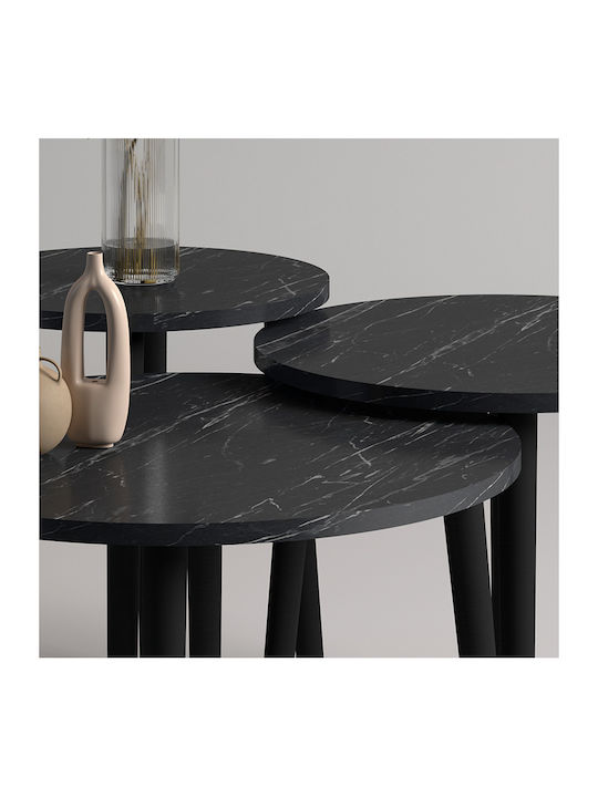 Round Central Coffee Table Roma Wooden Black Marble Effect 3 Pieces W60xL60xH46cm