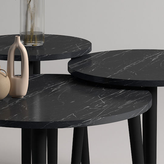 Rundes Zentrales Kaffeetisch Roma Holz Schwarz Effekt Marmor 3 Stück M60xB60xH46cm